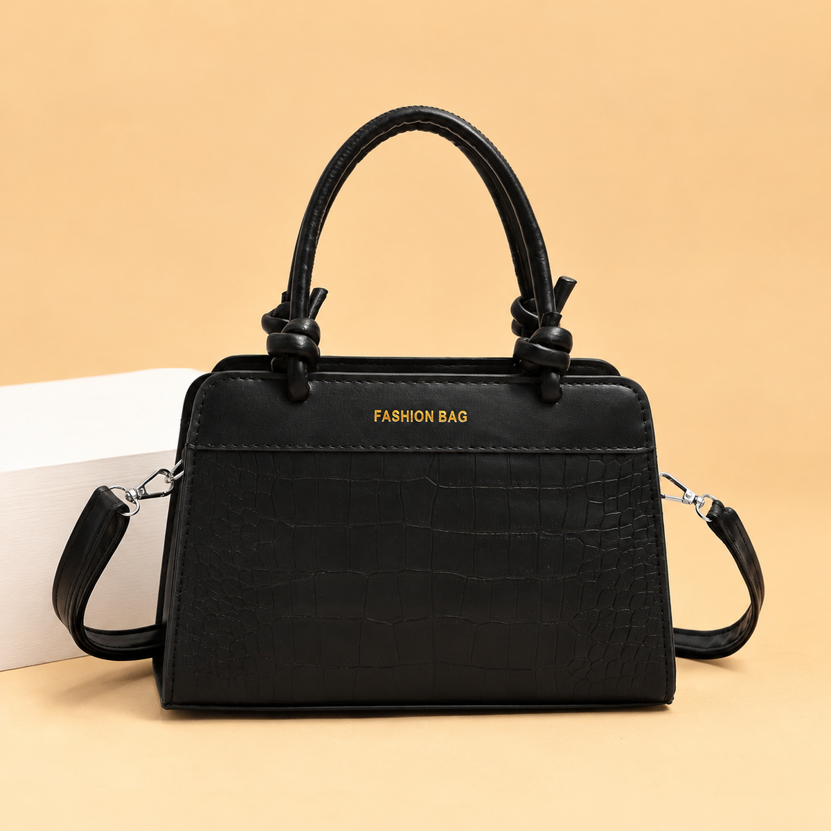 Structured Leather Top Handle Bag with Crocodile Print and Knot Detail