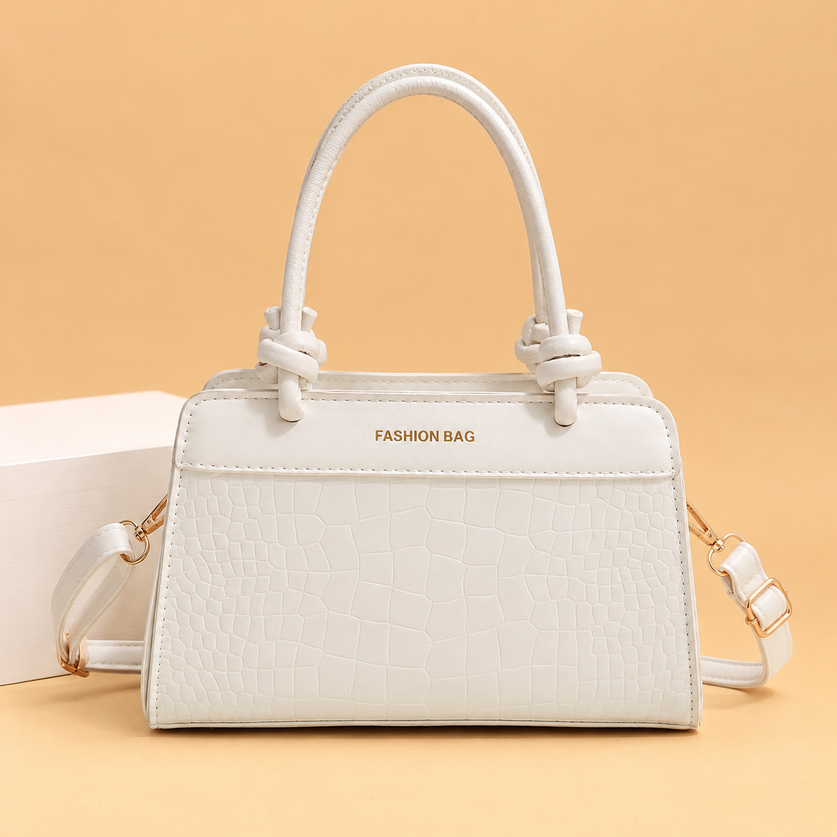 Structured Leather Top Handle Bag with Crocodile Print and Knot Detail