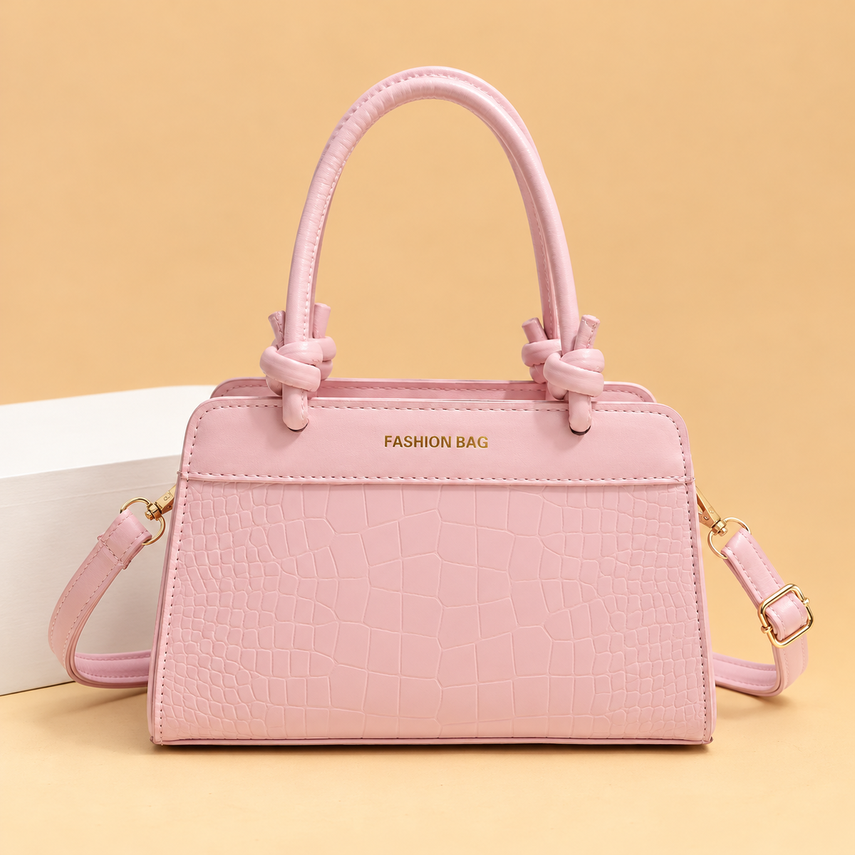 Structured Leather Top Handle Bag with Crocodile Print and Knot Detail