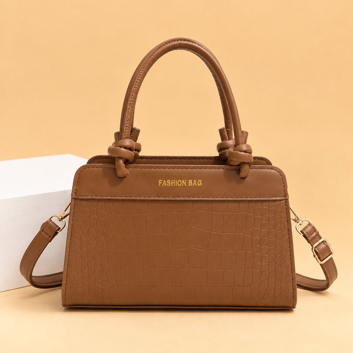 Structured Leather Top Handle Bag with Crocodile Print and Knot Detail