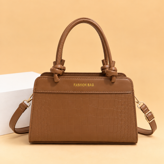 Structured Leather Top Handle Bag with Crocodile Print and Knot Detail