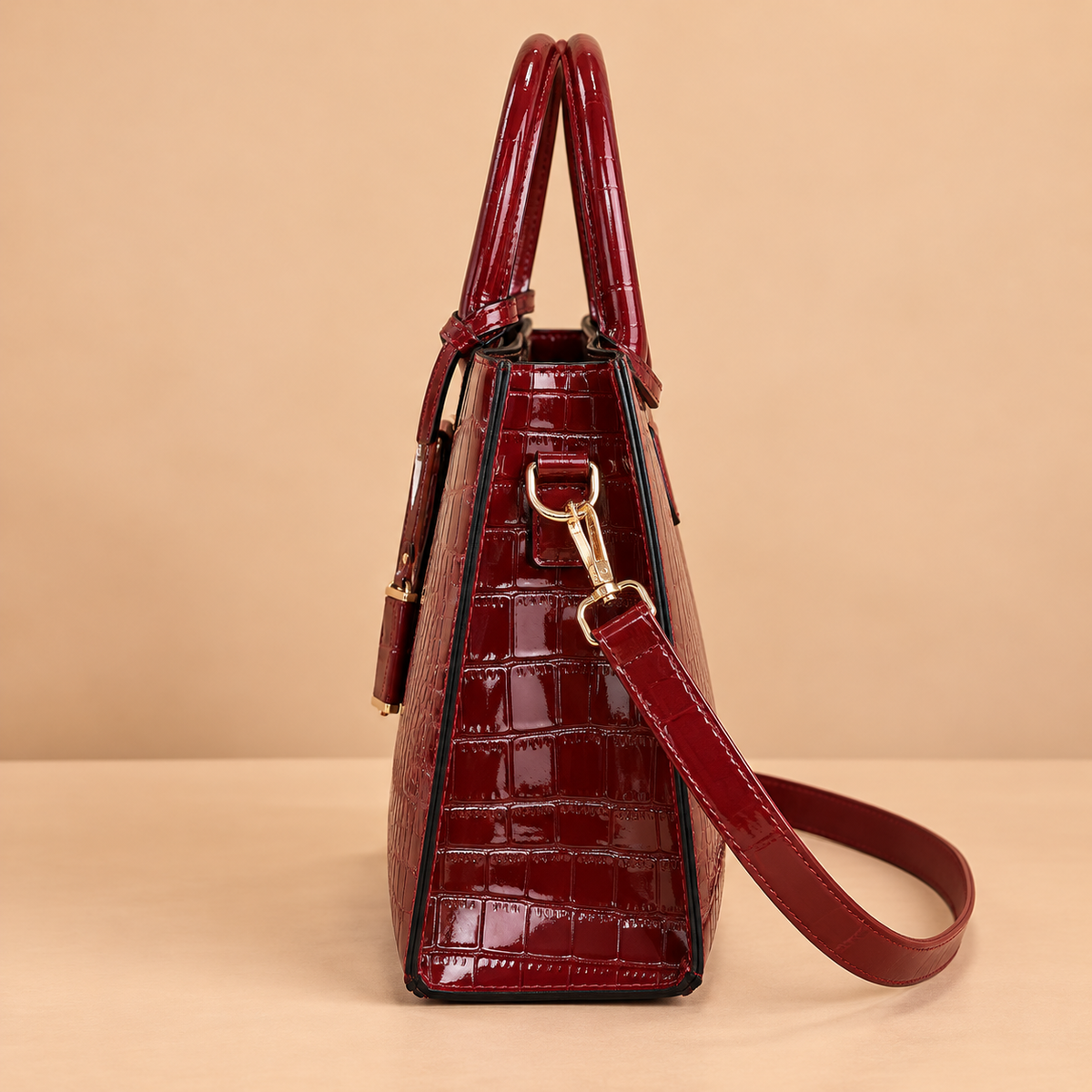 Structured Leather Tote Bag with Crocodile Print and Gold Hardware