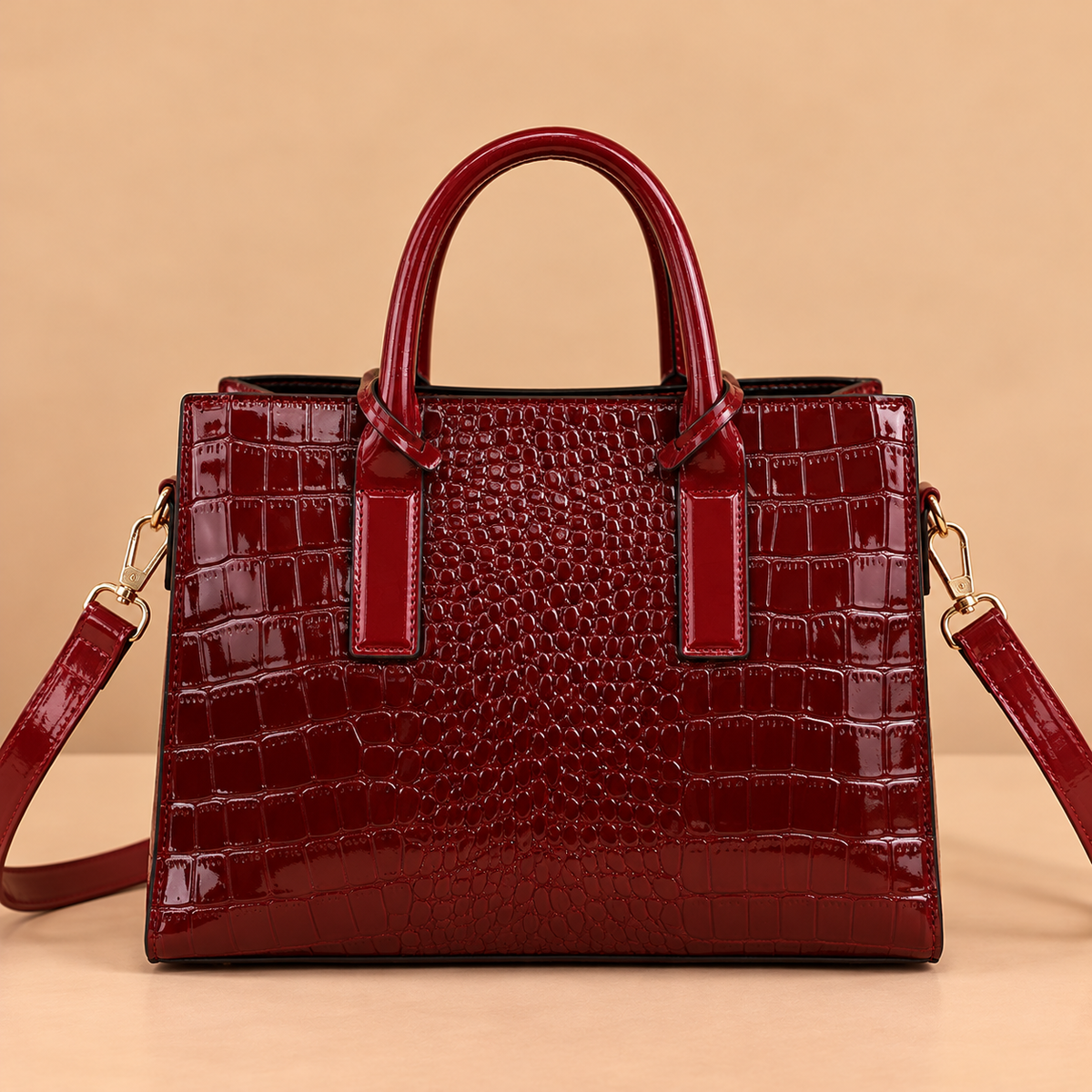 Structured Leather Tote Bag with Crocodile Print and Gold Hardware