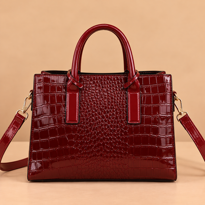 Structured Leather Tote Bag with Crocodile Print and Gold Hardware
