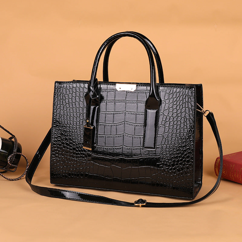 Structured Leather Tote Bag with Crocodile Print and Gold Hardware
