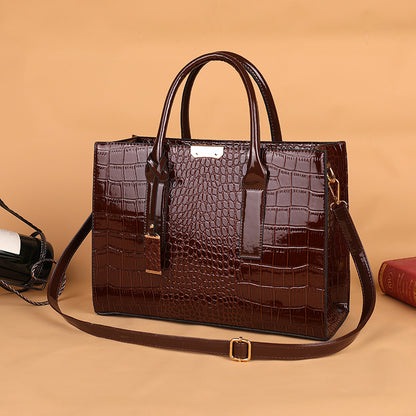 Structured Leather Tote Bag with Crocodile Print and Gold Hardware