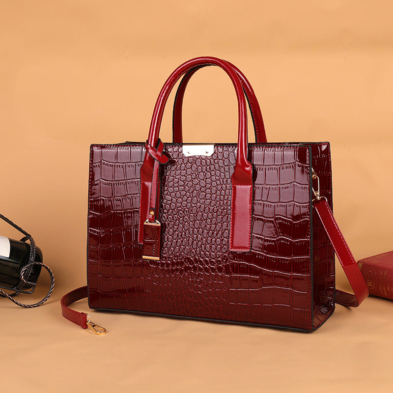 Structured Leather Tote Bag with Crocodile Print and Gold Hardware