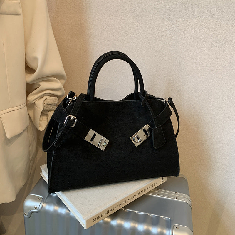 Structured Suede Shoulder Bag with Silver Turn-Lock Closure