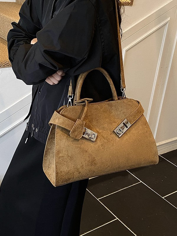 Structured Suede Shoulder Bag with Silver Turn-Lock Closure