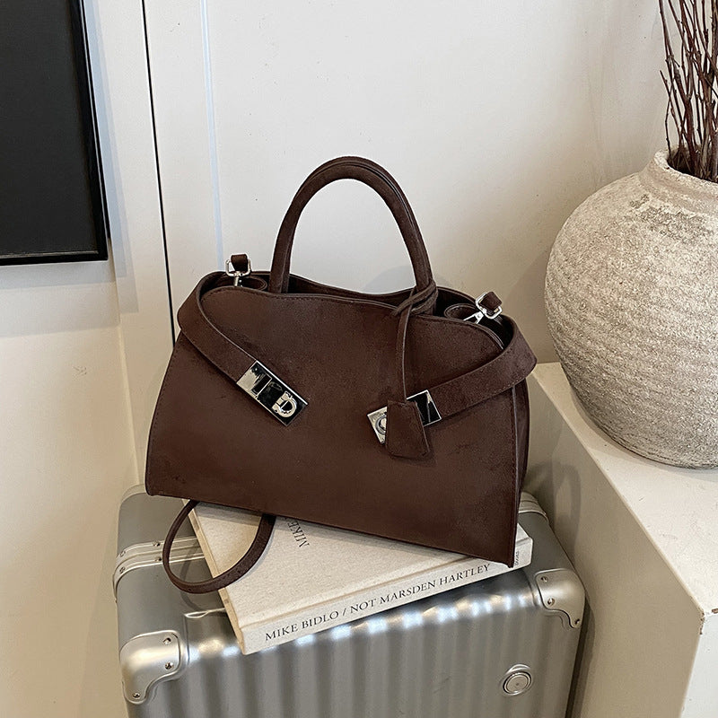 Structured Suede Shoulder Bag with Silver Turn-Lock Closure