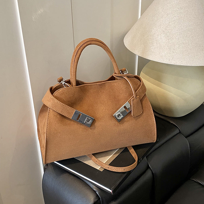 Structured Suede Shoulder Bag with Silver Turn-Lock Closure
