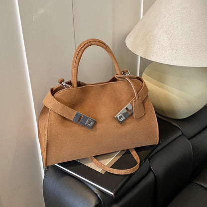 Structured Suede Shoulder Bag with Silver Turn-Lock Closure