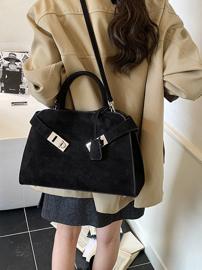 Structured Suede Shoulder Bag with Silver Turn-Lock Closure