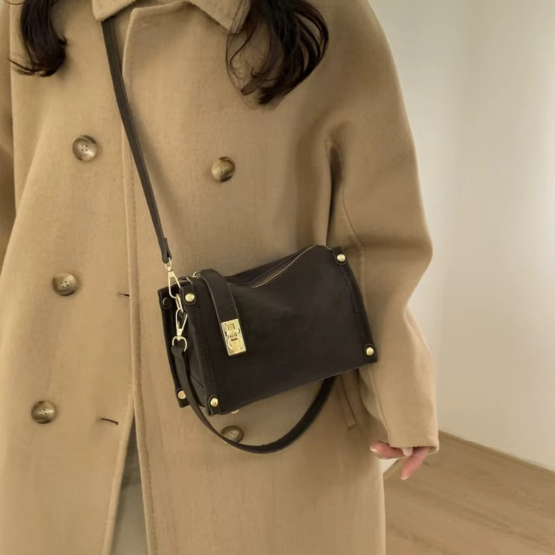 Suede Crossbody Bag with Gold Lock and Stud Detail