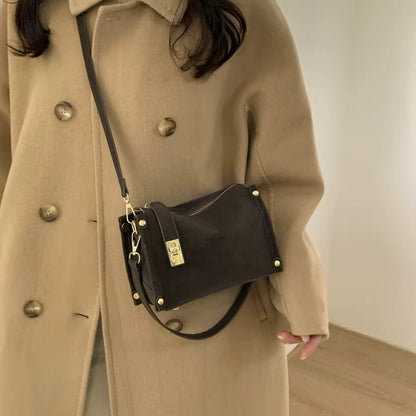 Suede Crossbody Bag with Gold Lock and Stud Detail