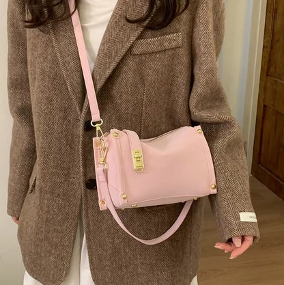 Suede Crossbody Bag with Gold Lock and Stud Detail