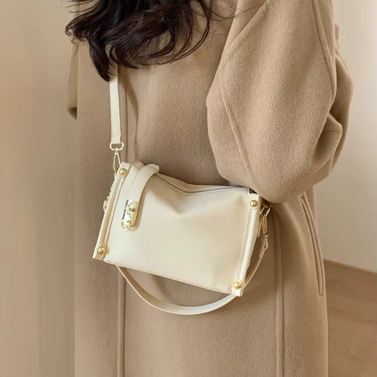 Suede Crossbody Bag with Gold Lock and Stud Detail