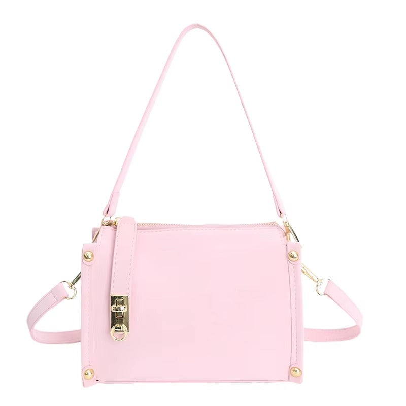 Suede Crossbody Bag with Gold Lock and Stud Detail