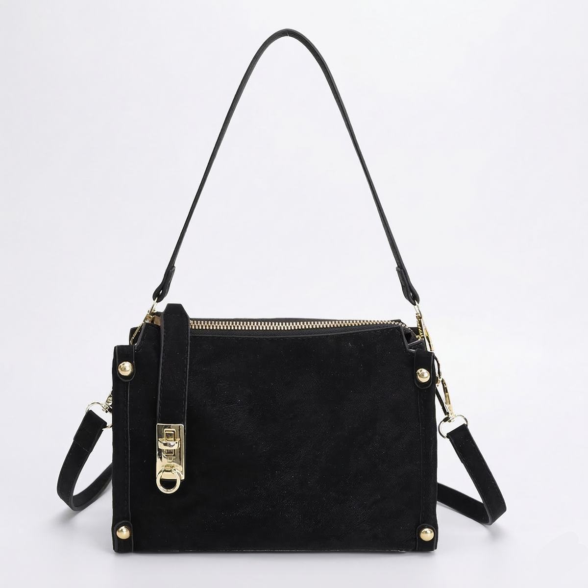 Suede Crossbody Bag with Gold Lock and Stud Detail