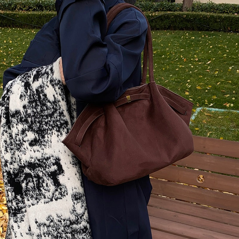 Suede Shoulder Bag with Gold Clasp Detail and Pleated Body