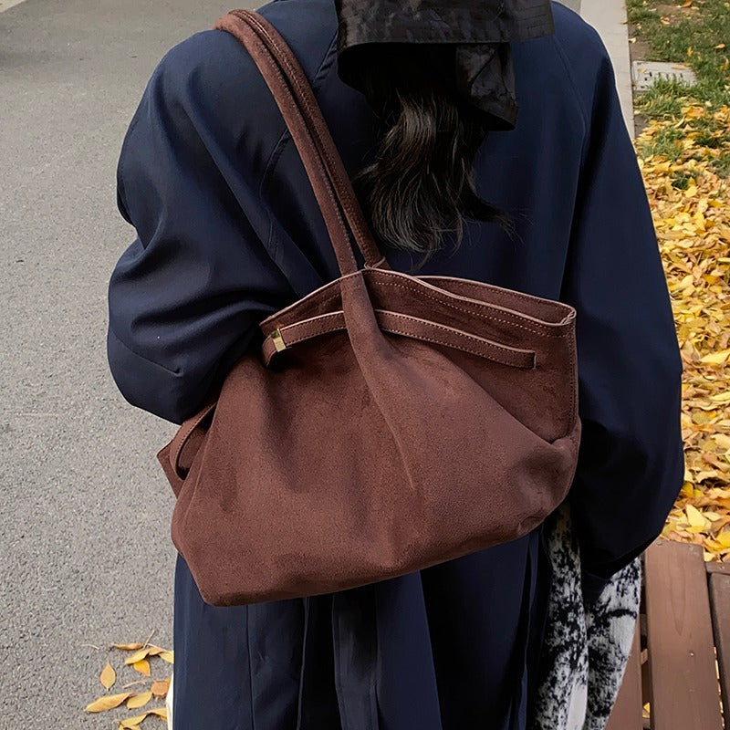 Suede Shoulder Bag with Gold Clasp Detail and Pleated Body
