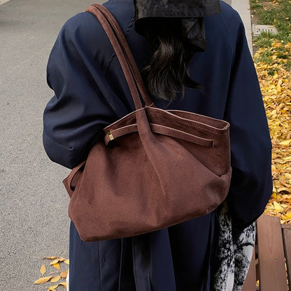 Suede Shoulder Bag with Gold Clasp Detail and Pleated Body
