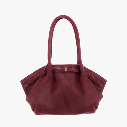 Suede Shoulder Bag with Gold Clasp Detail and Pleated Body