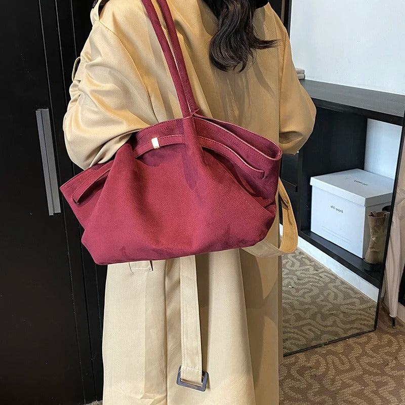 Suede Shoulder Bag with Gold Clasp Detail and Pleated Body