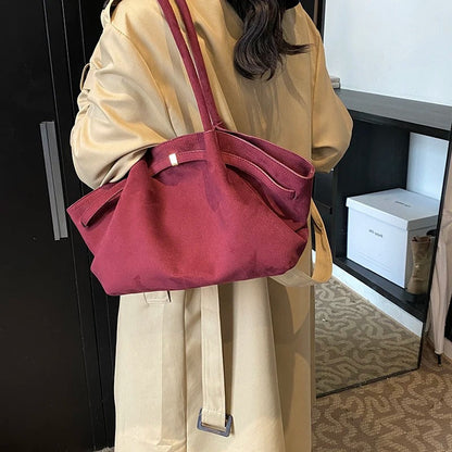 Suede Shoulder Bag with Gold Clasp Detail and Pleated Body