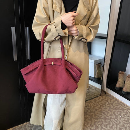 Suede Shoulder Bag with Gold Clasp Detail and Pleated Body
