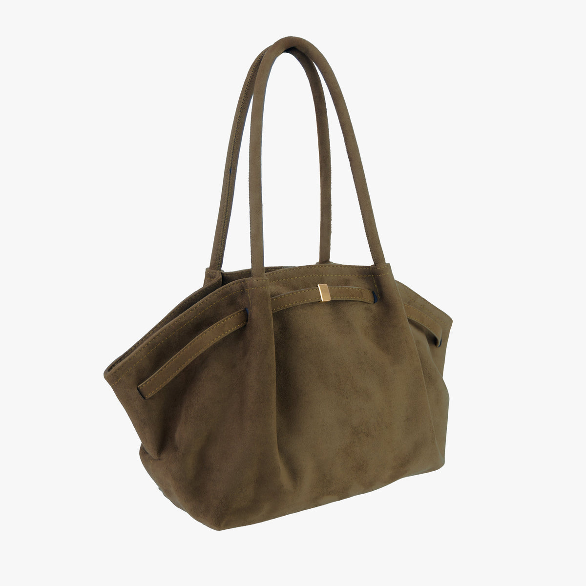 Suede Shoulder Bag with Gold Clasp Detail and Pleated Body