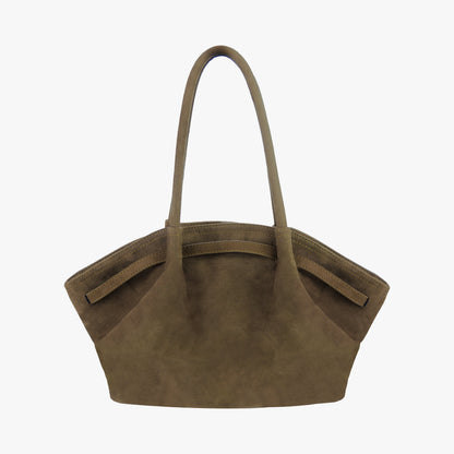 Suede Shoulder Bag with Gold Clasp Detail and Pleated Body