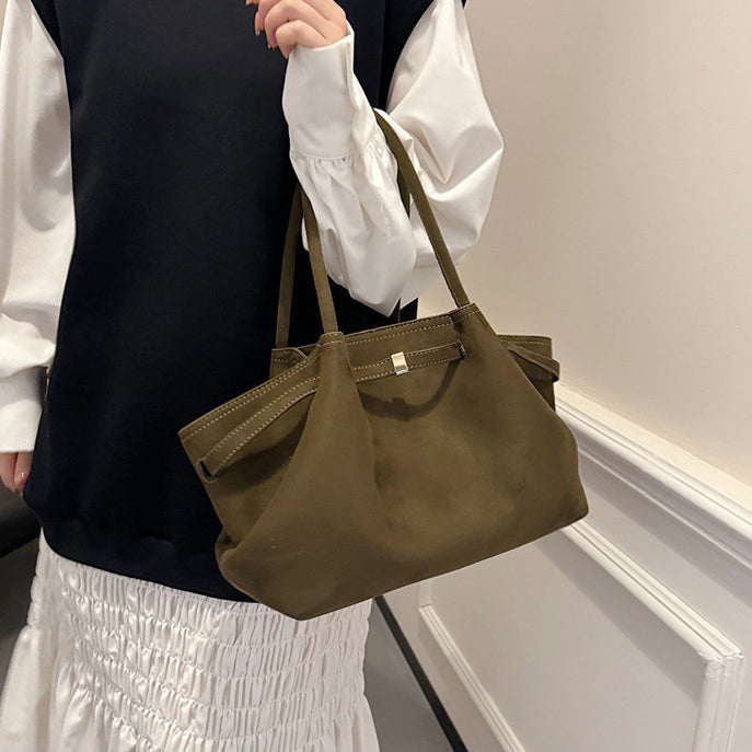Suede Shoulder Bag with Gold Clasp Detail and Pleated Body