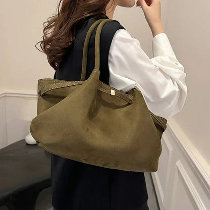 Suede Shoulder Bag with Gold Clasp Detail and Pleated Body