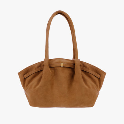 Suede Shoulder Bag with Gold Clasp Detail and Pleated Body