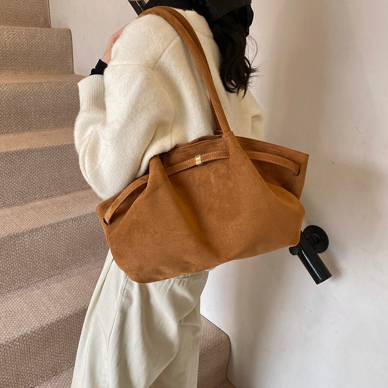Suede Shoulder Bag with Gold Clasp Detail and Pleated Body