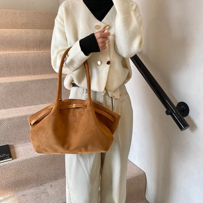 Suede Shoulder Bag with Gold Clasp Detail and Pleated Body