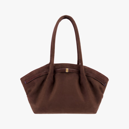 Suede Shoulder Bag with Gold Clasp Detail and Pleated Body
