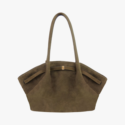 Suede Shoulder Bag with Gold Clasp Detail and Pleated Body