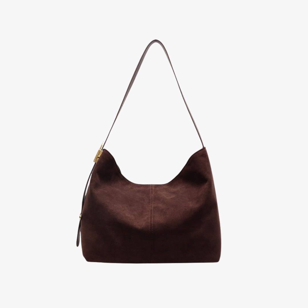 Suede Shoulder Bag with Gold Lock Detail and Snap Closure