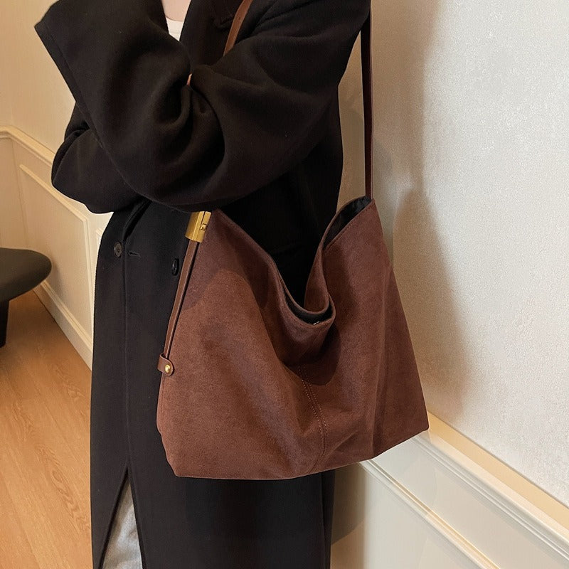 Suede Shoulder Bag with Gold Lock Detail and Snap Closure