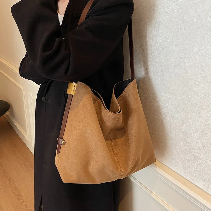 Suede Shoulder Bag with Gold Lock Detail and Snap Closure