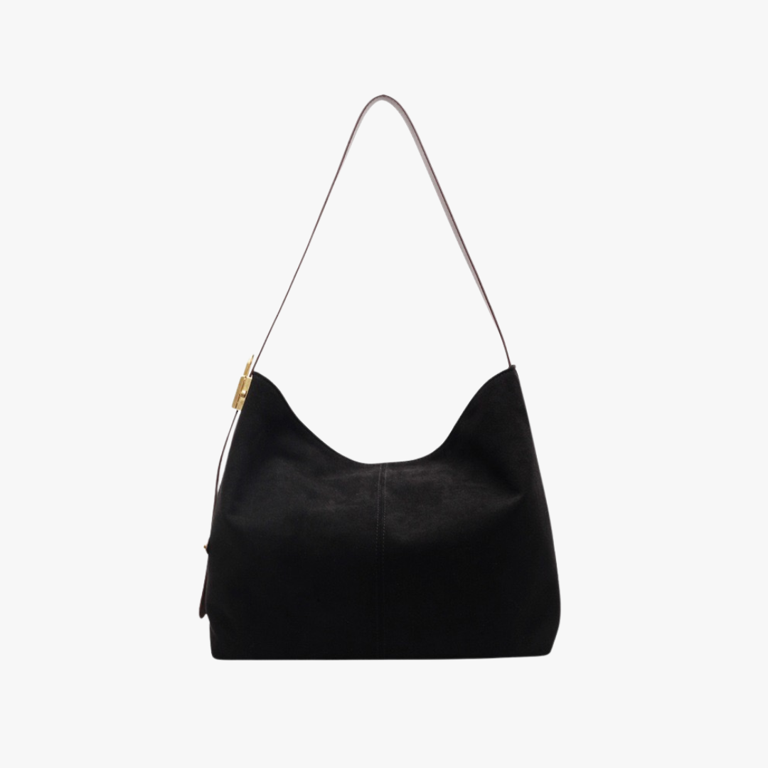Suede Shoulder Bag with Gold Lock Detail and Snap Closure