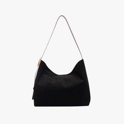 Suede Shoulder Bag with Gold Lock Detail and Snap Closure