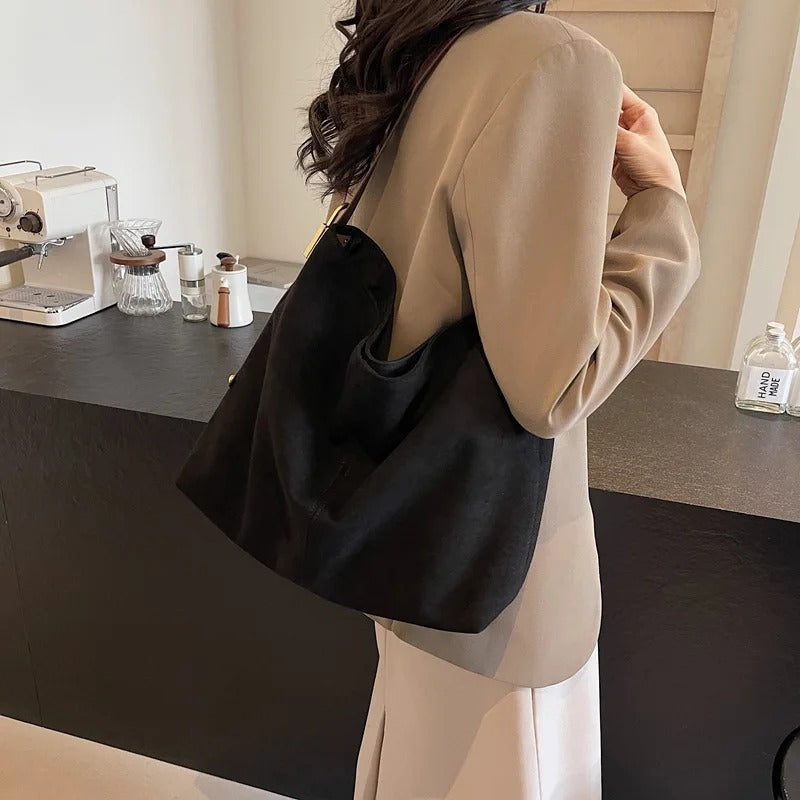 Suede Shoulder Bag with Gold Lock Detail and Snap Closure