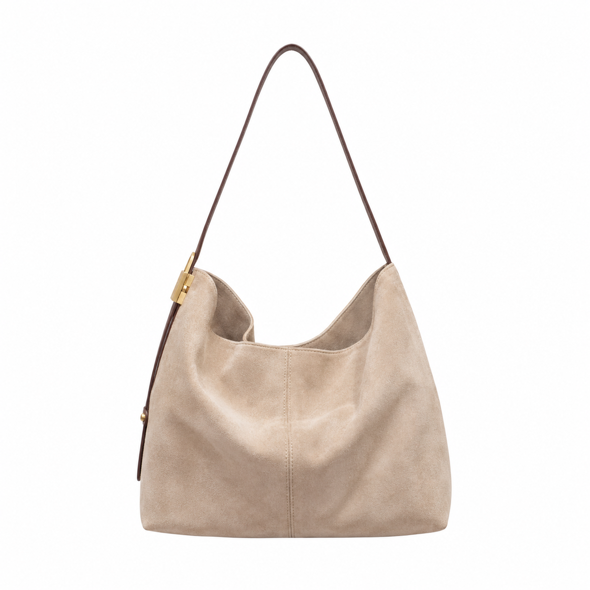 Suede Shoulder Bag with Gold Lock Detail and Snap Closure