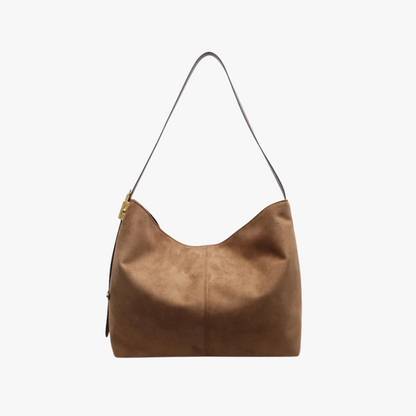 Suede Shoulder Bag with Gold Lock Detail and Snap Closure