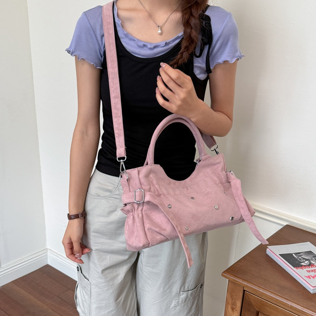 Suede Shoulder Bag with Star and Heart Studs and Detachable Strap