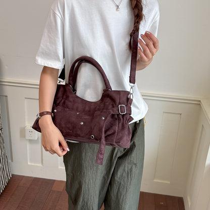 Suede Shoulder Bag with Star and Heart Studs and Detachable Strap