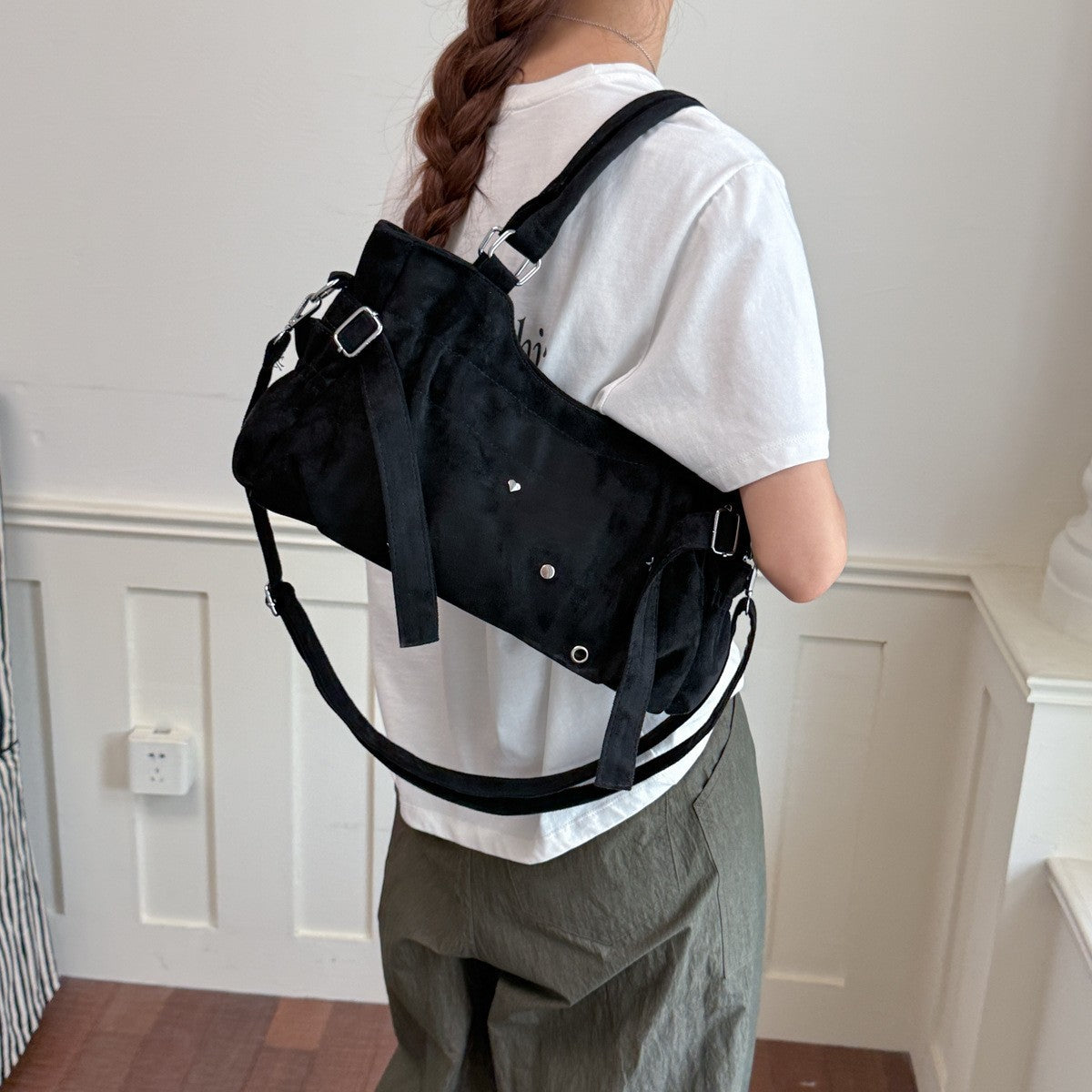 Suede Shoulder Bag with Star and Heart Studs and Detachable Strap